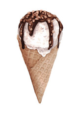 Delicious ice cream. Waffle cup, chocolate, nuts. Summer dessert. Hand drawn watercolor illustration on a white background.