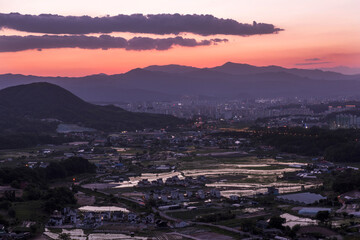 Obraz premium Beautiful landscape panoramic view of county side background curious clouds.