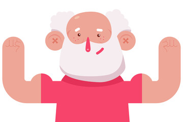 Old man flexing arms muscles vector cartoon character isolated on a white background.