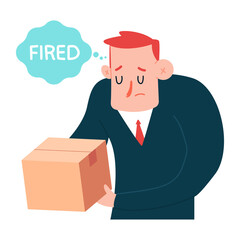 Fired sad man with box vector cartoon character isolated on a white background.