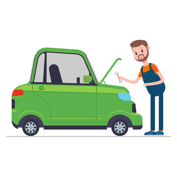 Maintenance car service vector cartoon illustration with mechanic and auto character isolated on a white background.