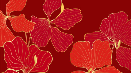 Luxury elegant gold orchids floral line arts pattern and black background. Topical flower wallpaper design, Fabric, surface design. Vector illustration.