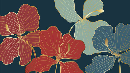 Luxury elegant gold orchids floral line arts pattern and black background. Topical flower wallpaper design, Fabric, surface design. Vector illustration.