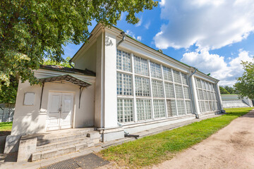 Old window with wooden frame and painted lattice