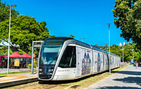 Rio de Janeiro, Brazil - January 31, 2020: Modern city tram at Parada dos Museus Stop in central Rio de Janeiro