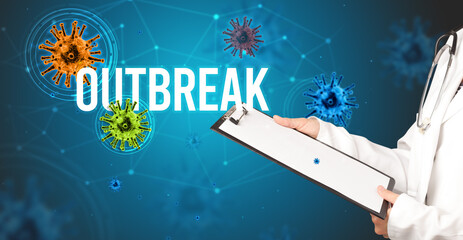 doctor prescribes a prescription with OUTBREAK inscription, pandemic concept