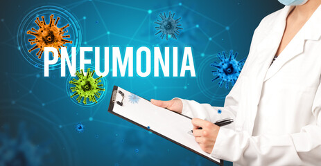 doctor prescribes a prescription with PNEUMONIA inscription, pandemic concept