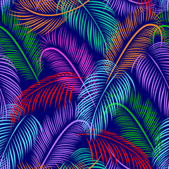 Colorful palm tree leaves seamless pattern. Vector illustration. Nature organic.