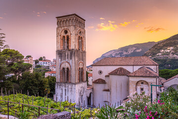 Ravello, Italy. August 9th, 2020. Breathtaking sunset over the Ravello Cathedral and its bell tower...