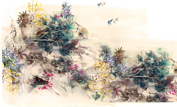 Seamless floral pattern with flowers, watercolor