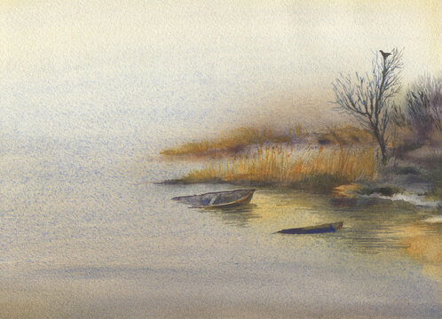 Abstract landscape with a submerged boat on the beach sea in a foggy haze. Watercolor hand drawn painting illustration. 