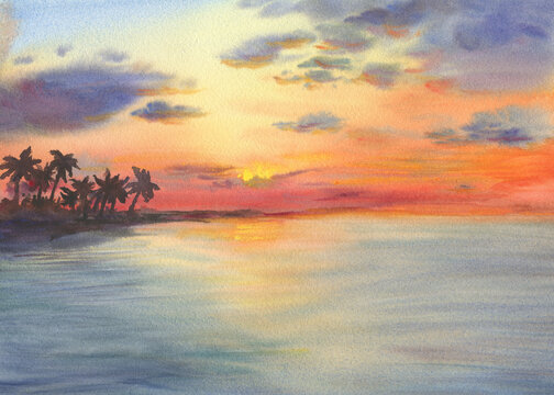 Abstract landscape with palms on the beach ocean at sunset. View of silhouettes hills, cloudy sky. Watercolor hand drawn painting illustration.