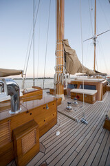 Deck of a classic wooden sailing yacht. Netherlands