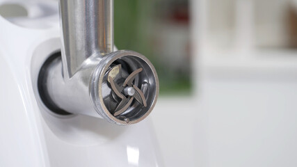 Sharpening steel knife for providing high-quality mince from all types of meat. Electric mincer machine for minced meat per minute, make sausages, mashed berries, squeeze juice and chop vegetables.