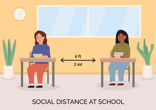 Social distancing at school concept illustration. Children sitting in the classroom with books on the desk. Schoolkids maintaing safe distance inside lecture room. Banner for new normal after pandemia