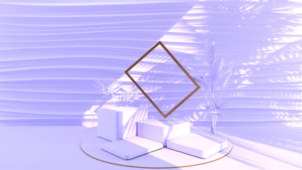 Square violet Podium,golden frames, The sunlight shines The violet wall into waves scene with shadow of leaf. Pedestal Can be used for commercial advertising,Isolated on violet background,3D rendering