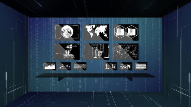 3D Network operating system room with graphs and charts on monitor screens in 4K 