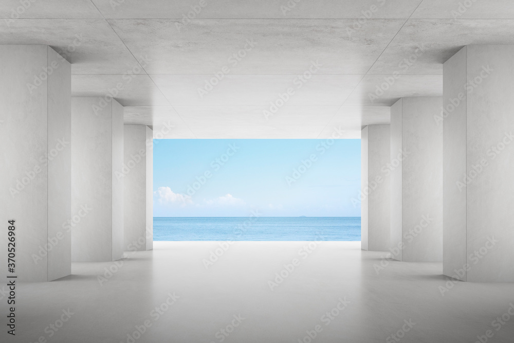 Poster 3d render of empty concrete room on sea background.