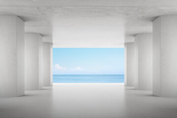 3d render of empty concrete room on sea background.	