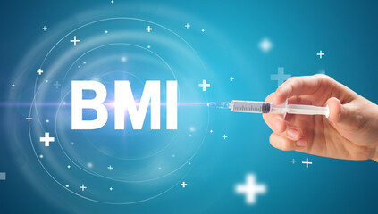 Syringe needle with virus vaccine and BMI abbreviation, antidote concept