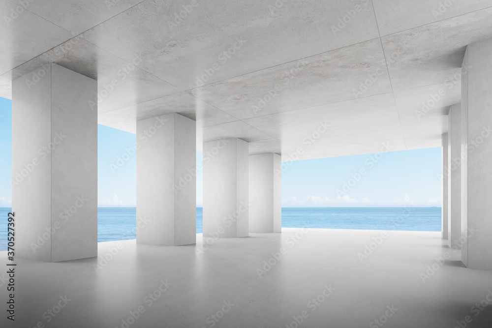 Poster 3d render of empty concrete room on sea background.