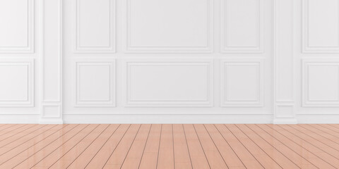 3D render of empty room with wooden floor and classic wall.