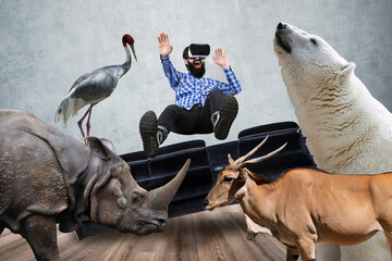 man in VR glasses, surrounded by virtual animals, virtual world immersion concept