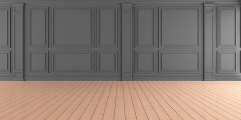 3D render of empty room with wooden floor and classic wall.