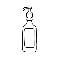 Hand drawn liquid soap container isolated on a white background. Doodle, simple outline illustration. bottle antiseptic,Liquid soap hand drawn with a black line. Antibacterial agent. .