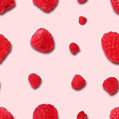seamless raspberry pattern on pink background. Flat lay. Top view. Food background with summer berries. Creative minimalism