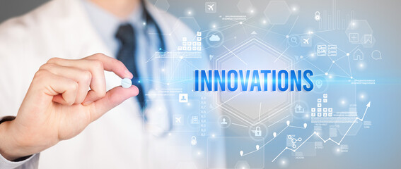 Doctor giving a pill with INNOVATIONS inscription, new technology solution concept