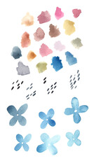 watercolor multicolored brush strokes and blue flowers aqua illustration isolated on white background