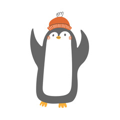 Vector poster with cute winter penguin in cozy clothes. Doodle illustration. Winter holidays, baby shower, birthday, children's party