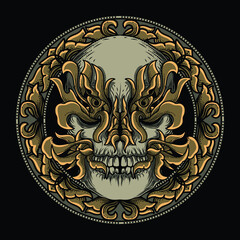 artwork illustration and t-shirt design skull with engraving ornament premium vector