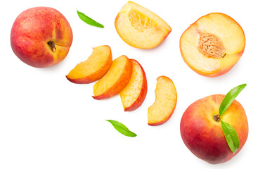 peach fruits with green leaf and slices isolated on white background. top view