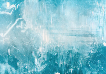 Ice abstract background. Winter frost. White scratches on cyan blue cold surface.