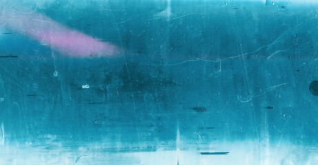 Dust scratched overlay. Aged film texture. Cyan blue pink weathered effect for photo editor.