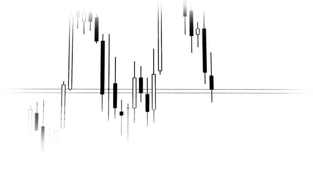Black and white candlestick chart of stock exchange trading close-up.
