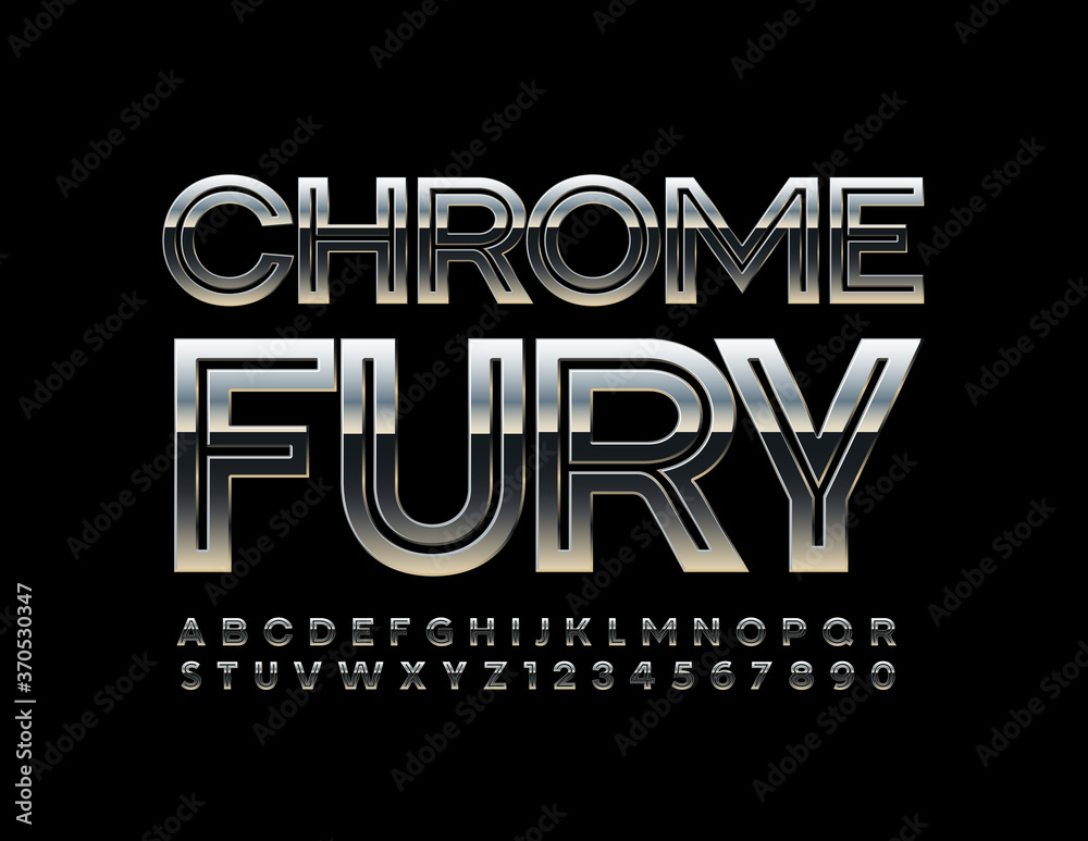 Wall mural Vector modern sign Chrome Fury. Industrial Metallic Font. Iron creative Alphabet Letters and Numbers