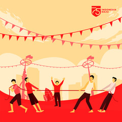 Vector illustration of Indonesia traditional games during independence day, tug of war or Tarik Tambang competition. 75 years indonesia independence day.