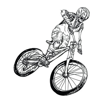 Tattoo And T-shirt Design Black And White Hand Drawn Skeleton With B.m.x Bike  Premium Vector