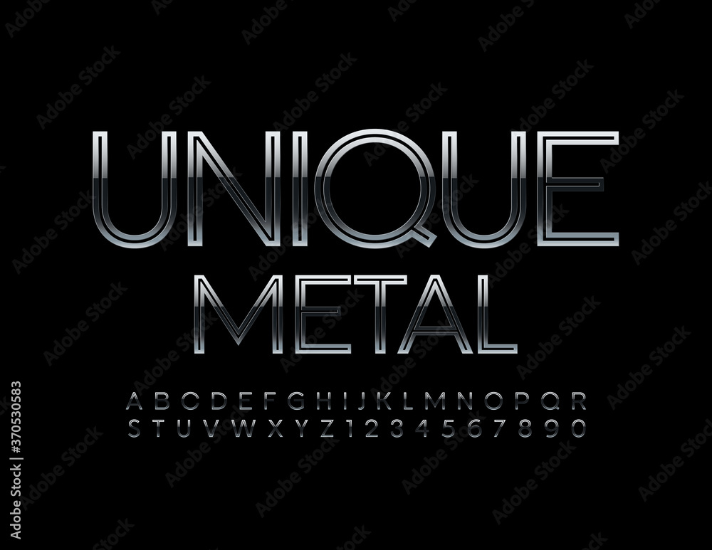 Wall mural Vector Unique Metal Alphabet set. Creative Silver Font. Reflective chrome Letters and Numbers