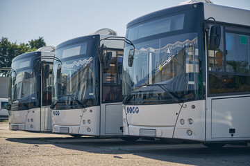 Close up of grey buses standing on parking