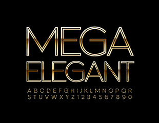 Vector Gold emblem Mega Elegant. Creative luxury Font. Decorative chic Alphabet Letters and Numbers