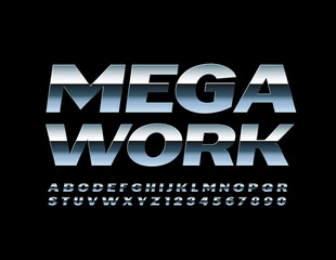 Vector industrial sign Mega Work with Glossy metal Font. Chrome modern Alphabet Letters and Numbers
