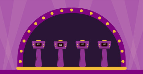 Empty illuminated stage of quiz TV show shooting with stands for players, flat cartoon vector illustration. Interior background of quiz entertaining game.