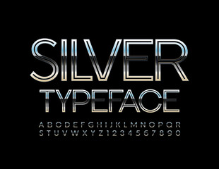 Vector Silver Typeface. Elegant Metal Alphabet Letters and Numbers. Shiny decorative Font