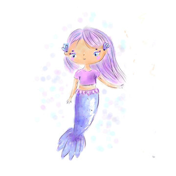 Cute mermaid in t-shirt. Watercolor style illustration for fashion prints, kids clothes and apparel