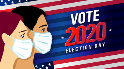 Vote 2020 in USA, blue stripes banner with people on flag. American patriotic background election day. Usa debate of president voting. Election voting poster vector template