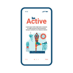 Onboarding mobile screen for sport application with active athletic woman exercising at home, flat cartoon vector illustration. App for home training and sports.